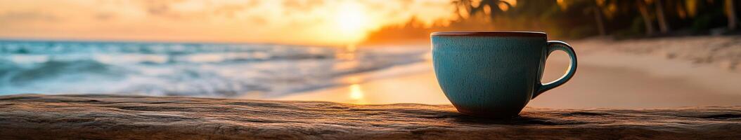 Morning coffee on a tropical beach at sunrise with calm waves and palm trees in the background photo