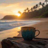 Sunset over tranquil beach with a steaming cup resting on driftwood in a serene coastal location photo