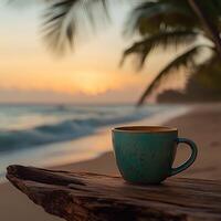 Enjoying coffee by the beach at sunrise with palm trees and gentle waves in the background photo