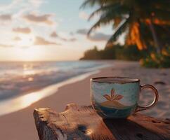 Relaxing by the beach with a warm cup as the sun sets over the tranquil ocean waves photo