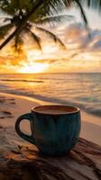 Enjoying morning coffee by the beach at sunrise with palm trees swaying gently in the warm tropical breeze photo