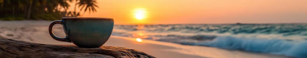 Enjoying coffee by the sea while watching the sunset on a tranquil beach photo