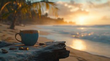 Relaxing moment with coffee by the shore during sunset on a tranquil beach photo