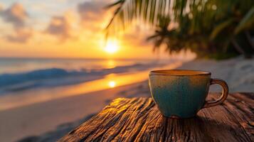 Sunset over the ocean with a vibrant cup of coffee placed on a rustic wooden table photo