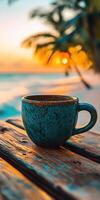 Warm cup of coffee rests on a wooden table at sunset by the beach with palm trees in the background photo