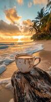 Beautiful sunrise at the beach with a cup of coffee resting on a wooden log photo