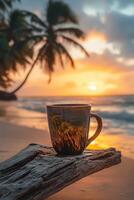 Enjoying sunrise with a warm drink at the beach, surrounded by palm trees and soft waves photo