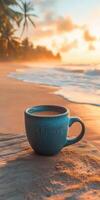 Sipping coffee at sunrise on a tranquil beach with gentle waves lapping the shore photo