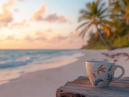Enjoying a tranquil moment with coffee by the tropical beach at sunset photo