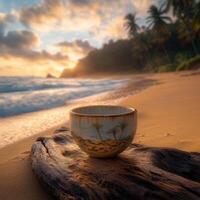 Sunset shines on a handcrafted bowl resting on driftwood along a serene beach photo