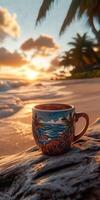 Morning coffee cup on beach with sunrise illuminating waves and palm trees photo