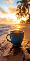 Morning coffee by the beach at sunset with palm trees, creating a tranquil moment of relaxation and peace photo