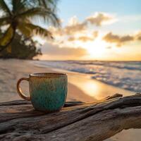 Morning coffee by the beach during sunrise with gentle waves and palm trees in the background photo