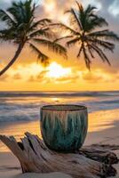 Beautiful sunset with a colorful cup on a driftwood at the beach, framed by palm trees and ocean waves photo