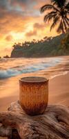 Sunset over the beach with a warm beverage in a rustic cup on a wooden log near the shore photo