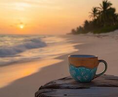 Warm cup resting on driftwood at sunrise by the beach with gentle waves in the background photo
