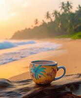 Coffee cup resting on wooden log with tropical beach and sunset in the background photo
