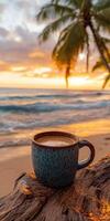 Enjoying coffee on a tropical beach at sunrise with palm trees and gentle waves lapping the shore photo