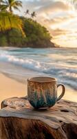 Sunrise on the beach with a steaming cup of coffee resting on a wooden log by the ocean photo