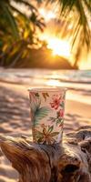 Tropical sunset with floral cup on a beach captures the serene beauty of nature and relaxation photo