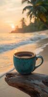 Sunrise over the ocean with a cup of coffee on a driftwood log at the beach photo
