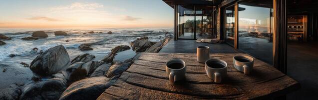 Cozy morning with coffee overlooking serene ocean at sunrise from a modern seaside cabin photo