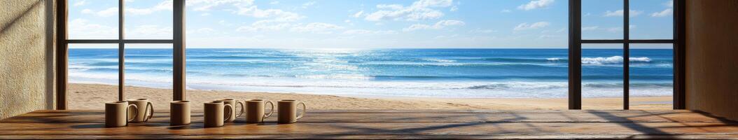 Relaxing view of ocean waves from a beachside window at midday with coffee mugs on a wooden table photo