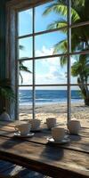 Warm beach view through a sunny window with coffee cups on the table near ocean waves and palm trees in the background photo