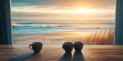 Enjoying coffee while watching the sunrise over the ocean at a beach house photo