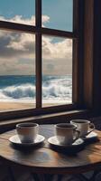 Enjoying coffee with a stunning ocean view from a cozy seaside window during a sunny day photo