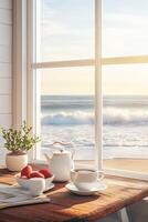 Breakfast by the window with ocean views at sunrise, featuring tea and fresh fruit on the table photo
