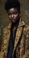 Elegant model showcasing boucle fabric coat in studio setting with artistic background and soft lighting photo