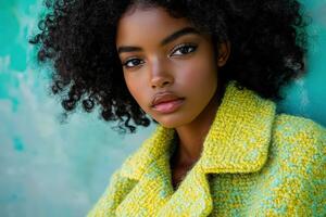 Models showcase vibrant boucle fabric in striking fashion shoot against a textured green backdrop photo