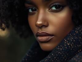 Stunning close-up of a model showcasing a stylish boucle fabric coat in an outdoor setting during golden hour photo