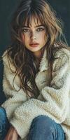 Fashionable model showcases boucle fabric in casual indoor setting with natural light, highlighting modern style and relaxed vibes photo