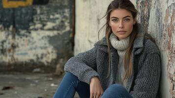 Fashionable model showcases boucle fabric in urban setting, paired with casual jeans for a chic look photo
