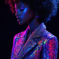 Brightly shimmering fashion moment captured with boucle fabric in a studio setting featuring vivid colors and dynamic lighting photo