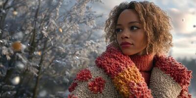 Fashionable woman in cozy boucle fabric wearing vibrant scarf amidst winter landscape at twilight photo