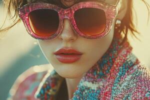 Trendy fashion model showcases boucle fabric and vibrant sunglasses during a sunny outdoor photoshoot photo