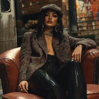 Fashionable model wearing boucle fabric in stylish urban setting with vintage decor and vibrant graffiti photo