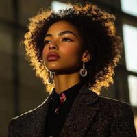 Fashion model showcases boucle fabric attire under soft sunlight in urban setting photo