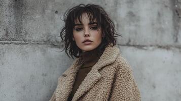 Fashionable model showcasing casual style in boucle fabric coat against textured urban backdrop during chilly season photo