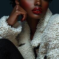 Elegant fashion showcase featuring boucle fabric with rich makeup and striking features in an indoor setting photo