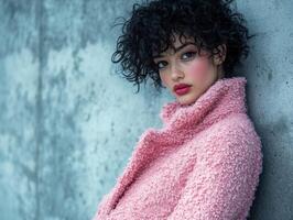 Chic model showcasing textured boucle fabric coat in urban setting during a stylish photoshoot photo
