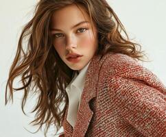 Elegant model showcasing contemporary fashion with boucle fabric and styled hair against a neutral backdrop photo
