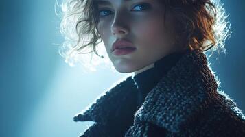 Curly-haired model showcases elegant boucle fabric coat in a dramatic setting with soft lighting photo