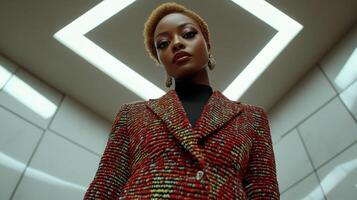 Fashionable model showcases colorful boucle fabric in modern elevator setting during a photoshoot photo