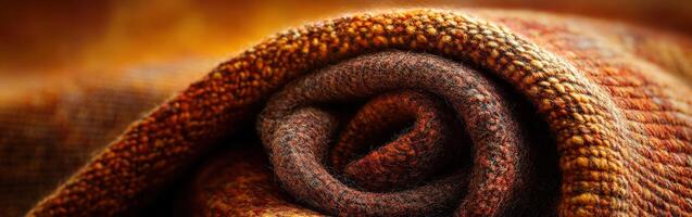 Soft, warm blanket rolled up in shades of orange and brown resting on a cozy surface in a serene indoor setting photo