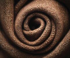 Soft brown wool blanket rolled tightly on a textured surface, showcasing detailed weaving patterns photo