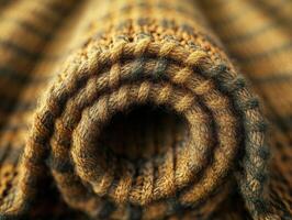 Warm knitted blanket rolled up in a cozy arrangement, perfect for autumn evenings photo